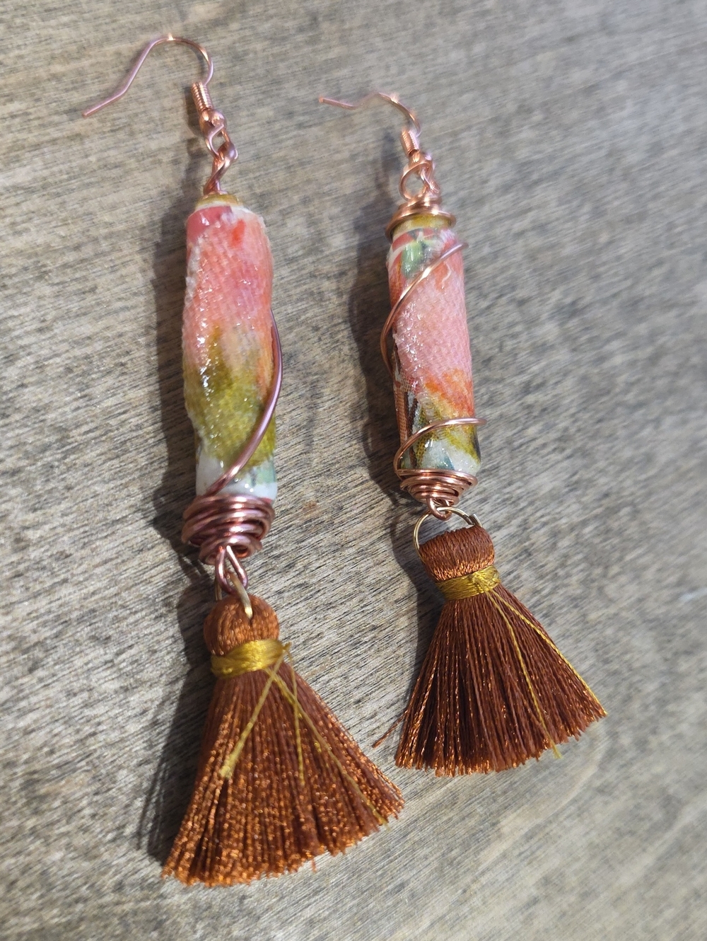 Handmade Pink & Brown Tassel Drop Earrings - Artisan Women Jewelry